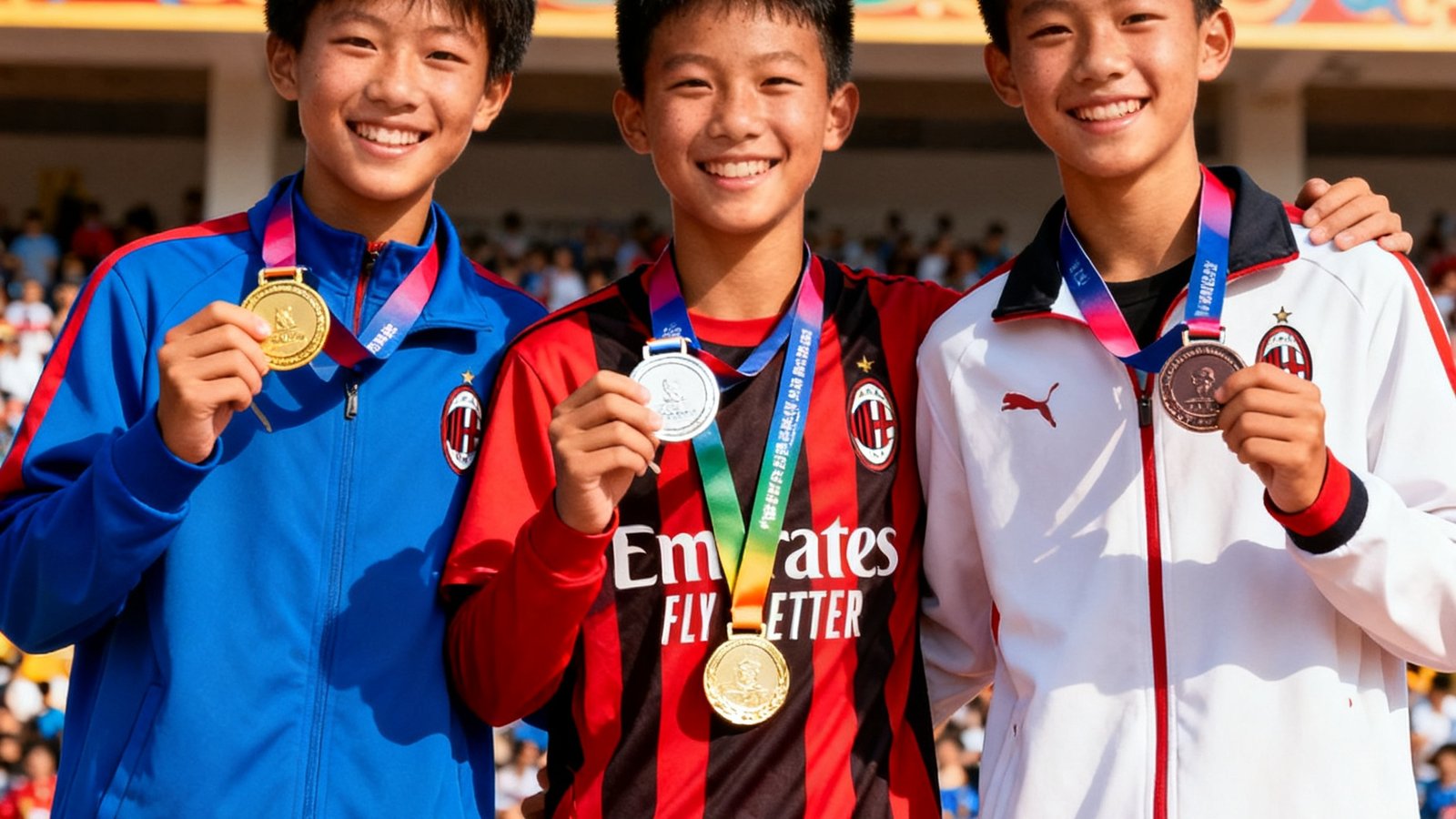 米兰体育学员在全国青少年田径锦标赛颁奖台上手持奖牌合影，三名学员分别获得金银铜牌，身穿米兰队服笑容灿烂