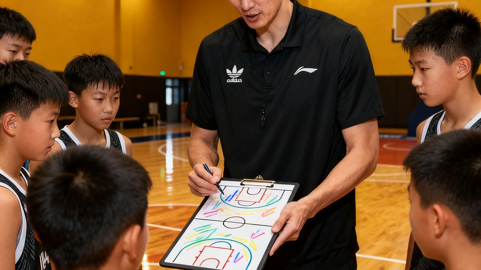 前CBA职业篮球运动员赵海鹏教练在米兰体育室内篮球馆指导一组14岁学员进行挡拆战术演练，他身高1米95，穿着黑色训练服，正用战术板讲解跑位路线，学员们围成一圈认真聆听